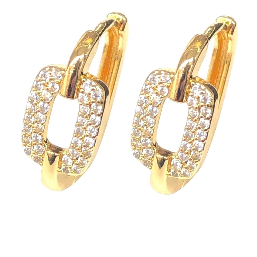 Laminated‎ Gold Tone Link Hoop Earrings Pave Set CZ Accent Elegant Jewelry